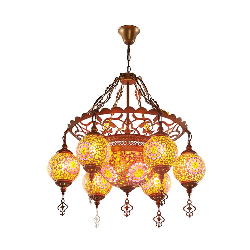 Globe Restaurant Chandelier Lighting Fixture Metal 6 Lights Gold Pendant Light with Colorful Glass Shade