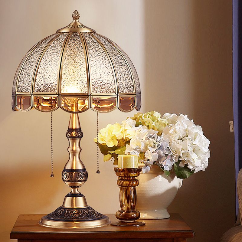 Hemispherical Bedroom Table Light Antique Textured Glass 1-Light Bronze Nightstand Lamp with Pull Switch