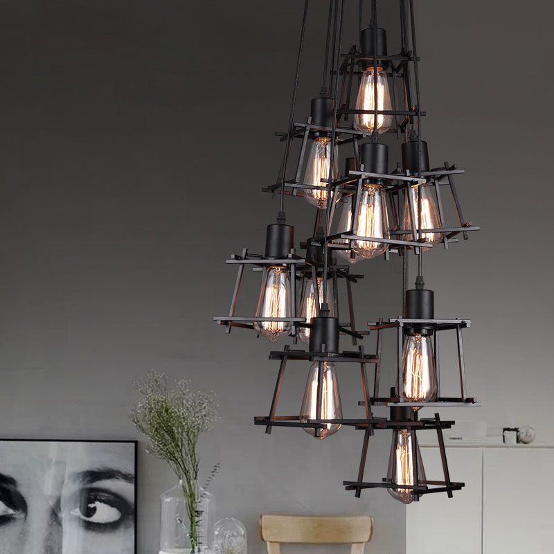 Black Cage Shade Multiple Hanging Pendant Lights Industrial Metal Multi Light Pendant Lighting for Living Room