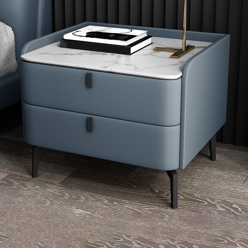 Modern Bedside Cabinet Stone Accent Nightstand with 2 Drawers