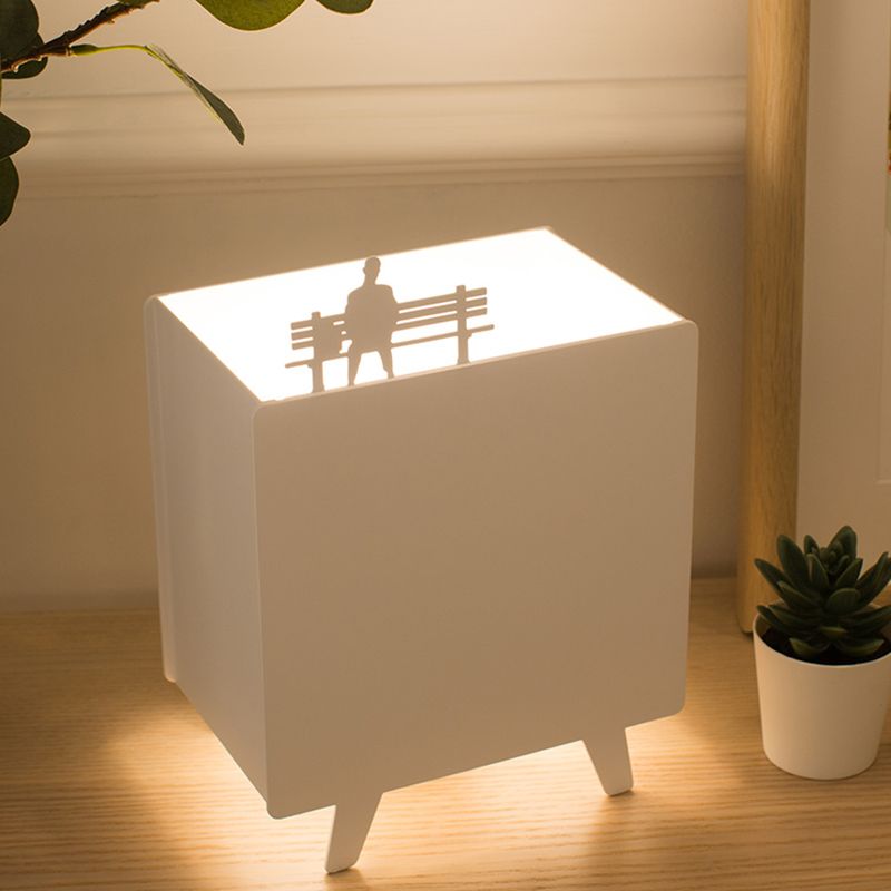 Metallic Square Reading Light Nordic 1-Light White Night Table Lamp with Iron Carving