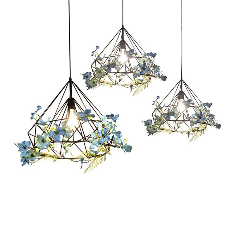 Blue-White Diamond Hanging Light Rustic Metallic 1 Bulb Restaurant Pendant Light Fixture with Artificial Flower