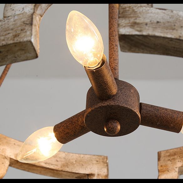 3 luces de madera envejecida de madera hueca araña de lámpara de óxido de estilo industrial accesorio de iluminación de café industrial con cadenas colgantes ajustables