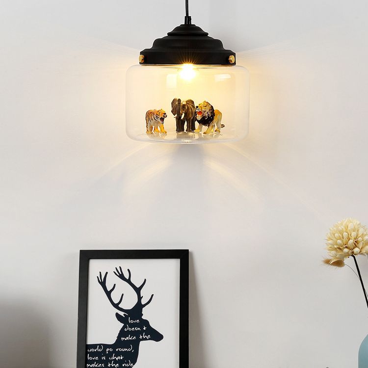 Cylindrical Clear Glass Shape Pendant Lamp Modern Cartoon Animals Hanging Lamp for Kids Bedroom (Animals are shipped randomly)