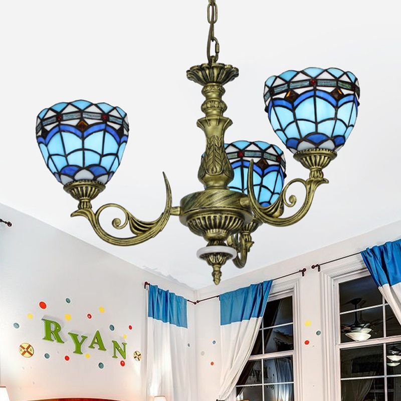 Curved Arm Hanging Chandelier 5/9/11 Lights Cut Glass Victorian Suspension Lighting in Blue for Bedroom