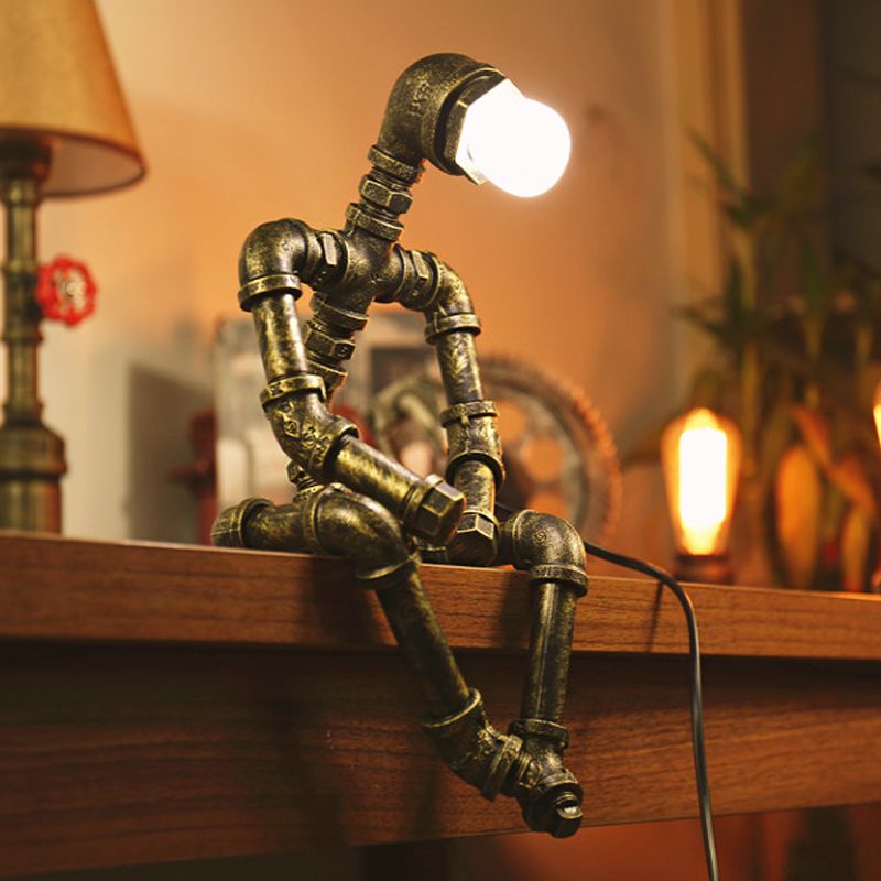 Antique Bronze Sitting Robot Table Lighting Industrial Style Metal 1 Light Bedroom Table Light with Pipe