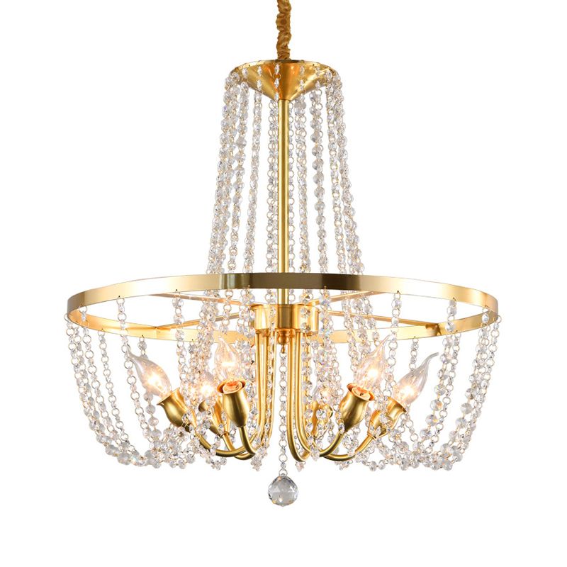 Modern Ring Hanging Lamp 6 Bulbs Clear Crystal Stands Pendant Chandelier in Gold with Scrolled Arm