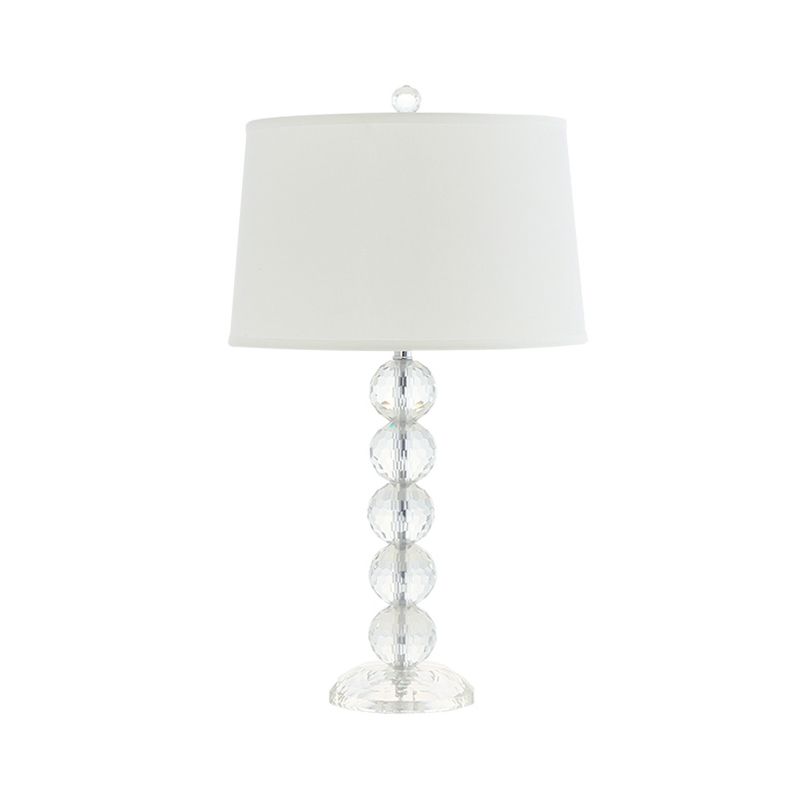 Traditional Tapered Table Light 1 Head Fabric Shade Night Stand Lamp in White with Faceted Crystal Orbs