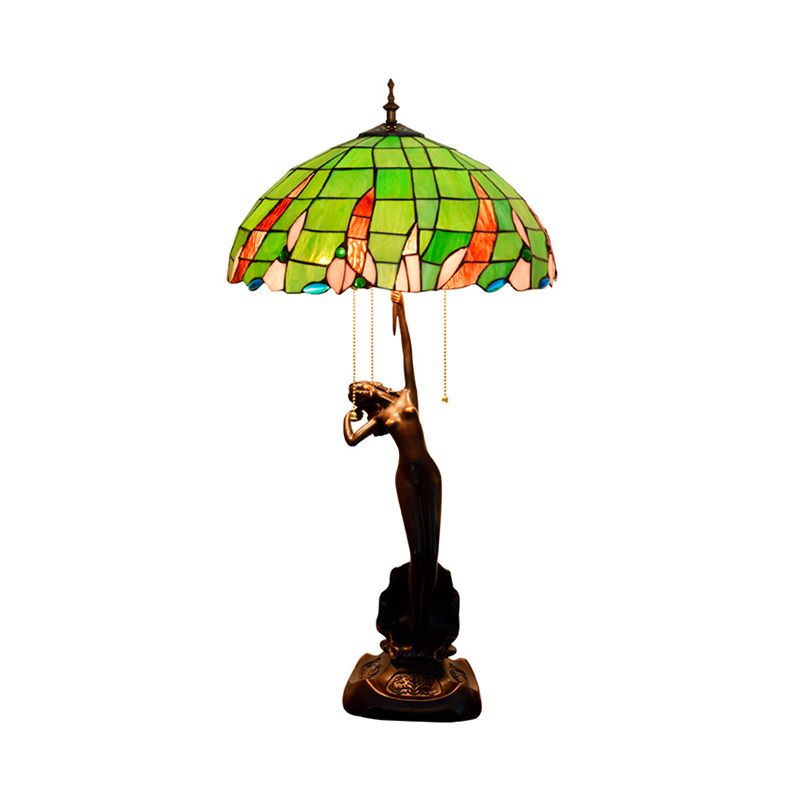 Coffee Female Dancer Nightstand Light Tiffany 3 Bulbs Resin Pull-Chain Table Lighting with Green Glass Shade