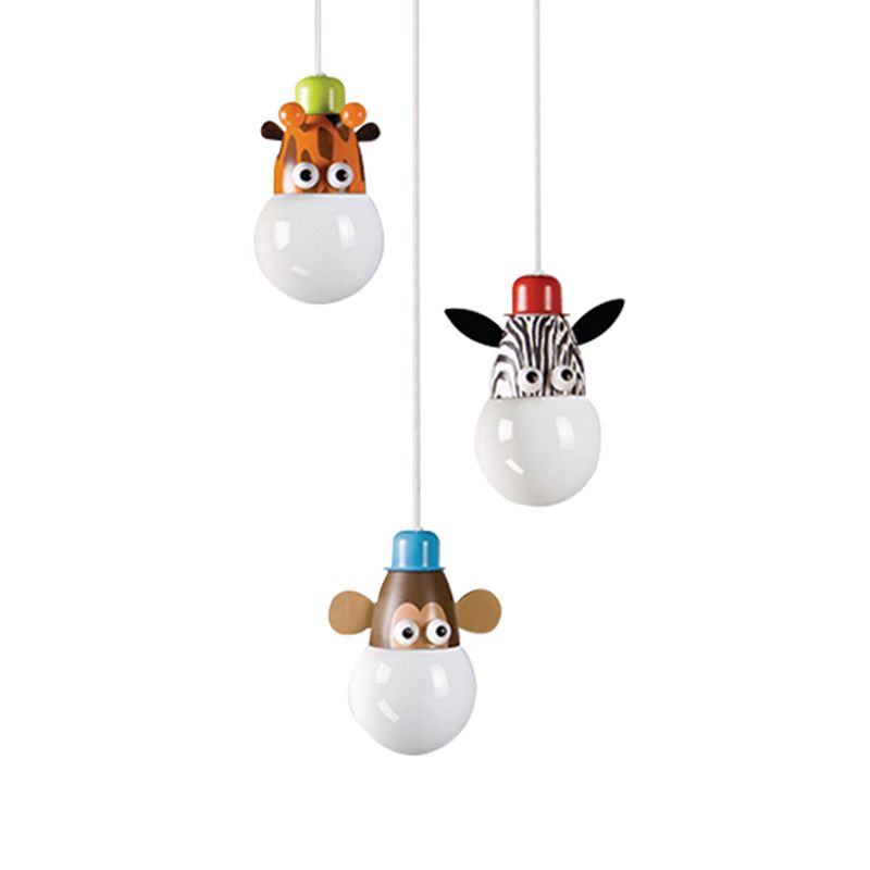 White Globe Hanging Light Cartoon 3 Heads Acrylic Multi Light Pendant with Animal Head Decor