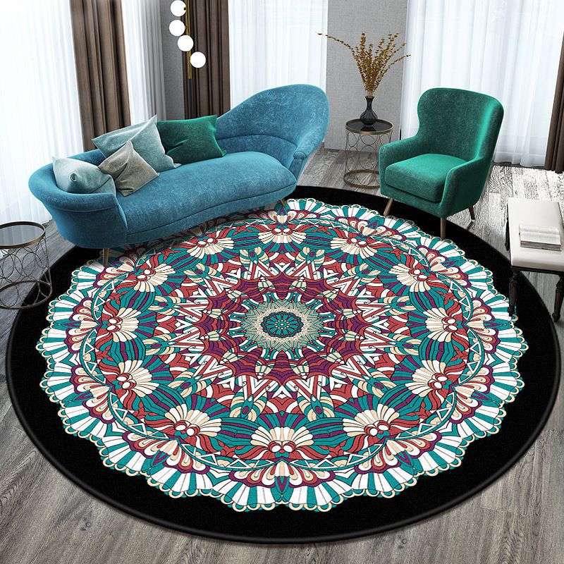 Round Tribal Symbols Carpet Polyester Moroccan Indoor Rug Non-Slip Backing Rug for Living Room