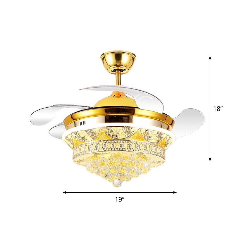 4 Blades Modern Cone Semi Flush Light Crystal Ball LED Bedroom Ceiling Fan Lamp with Floral Design in Gold, 19" Wide