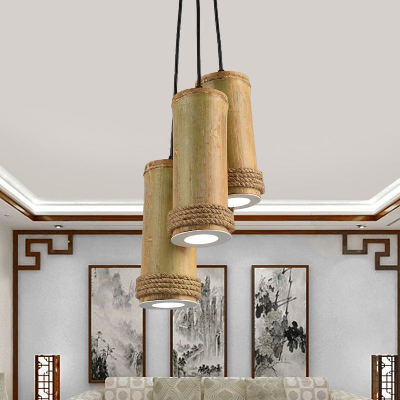 Light Brown 3-Light Cluster Pendant Light Factory Bamboo Cylinder Ceiling Fixture for Restaurant