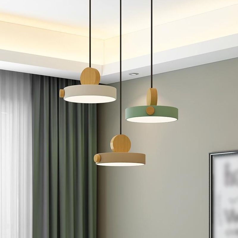 Macaron Style Hanging Light Fixture 1-Light Pendant Lamp with Wood for Living Room