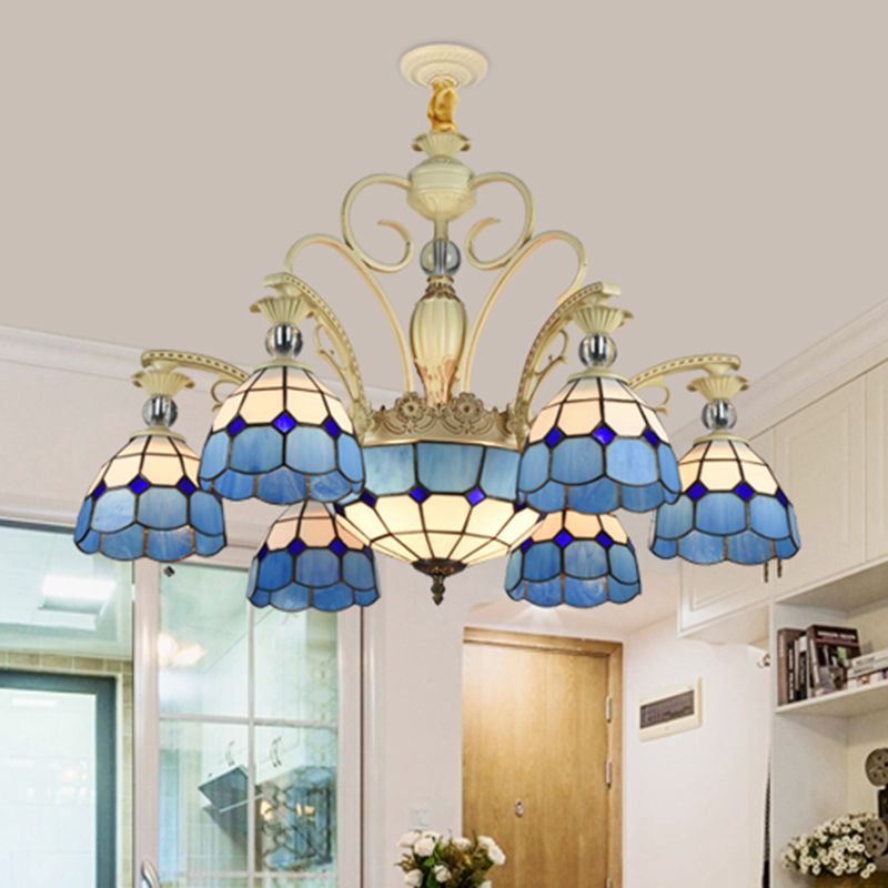 Lattice Motif Tiffany Chandelier with Stained Glass Shade Living Room Restaurant Hanging Pendant Lamp with Crystal Ball Embellishment