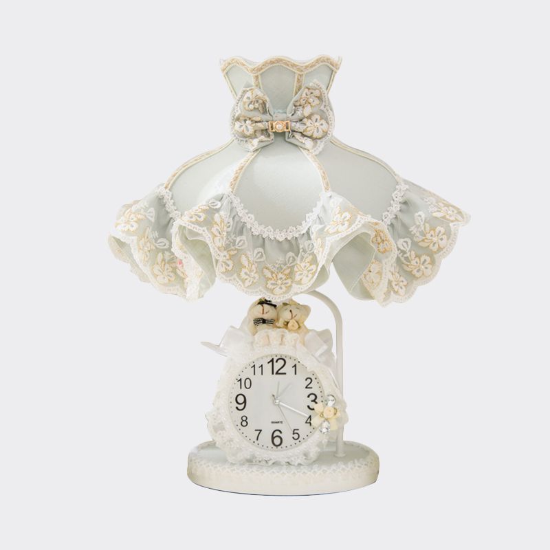 1 Head Bedroom Night Light Korean Garden White Nightstand Lamp with Ruffle Fabric Shade and Clock