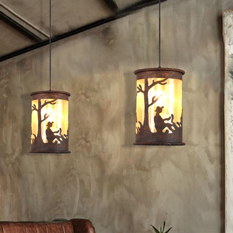 1 Light Cylinder Pendant Lighting Fixture Vintage Rust Metal Hanging Ceiling Light with Fabric and Art Design