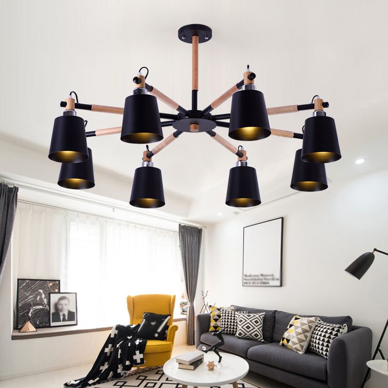 Radial Wooden Chandelier Nordic Style Pendant Light Fixture with Tapered Metal Shade