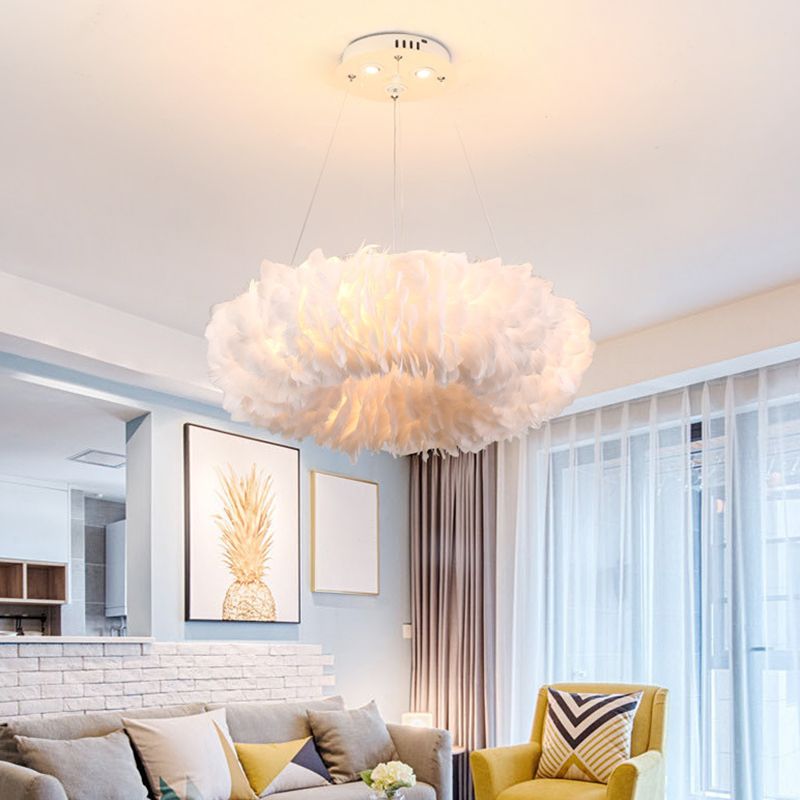 White Doughnut Chandelier Lamp Minimalist Feather Loop Pendant Lighting Fixture