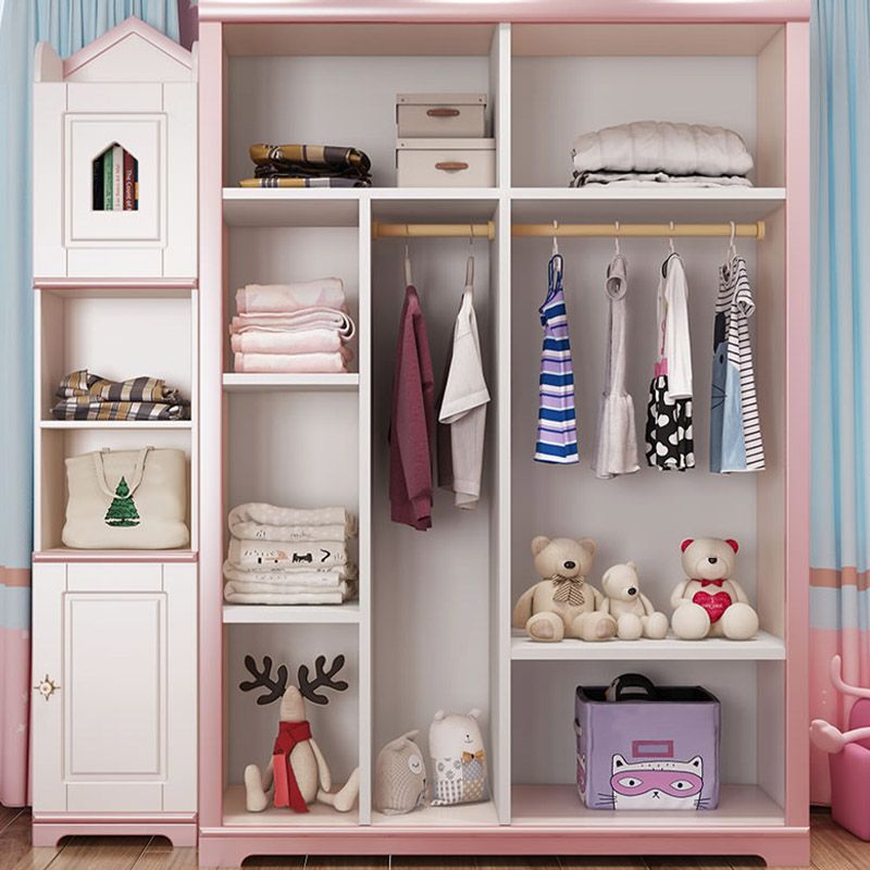 Contemporary Wooden Youth Armoire Pink Bedroom Kids Closet with Sliding Door