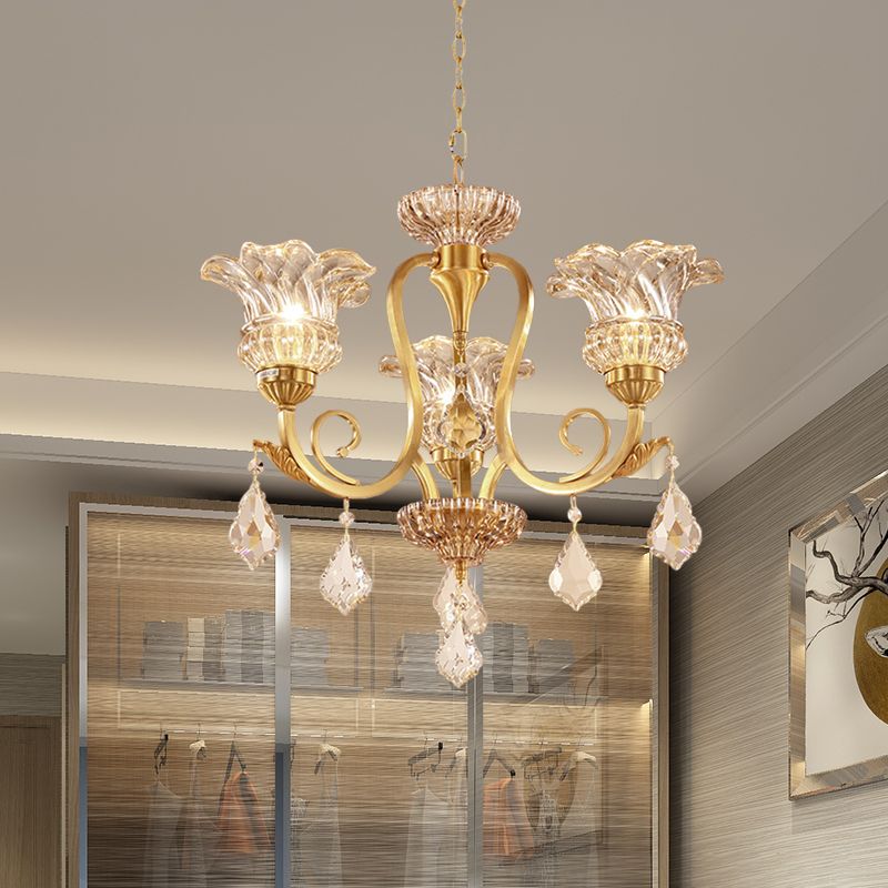 Gold Floral Shade Pendant Chandelier European Draping Crystal Ball 3-Light Living Room Ceiling Suspension Lamp