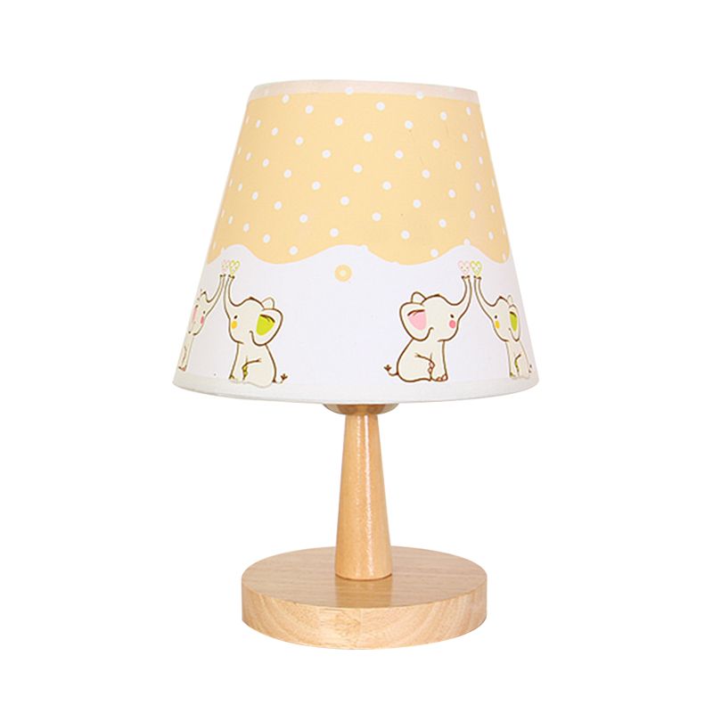 Fabric Conical Table Lamp Cartoon 1 Head Wood Nightstand Light with Airplane/Elephant/Bear Pattern for Bedroom