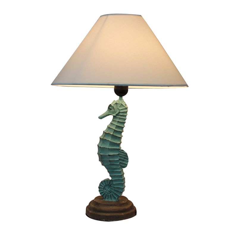 Green Seahorse Table Light Countryside Resin 1 Head Bedside Night Lamp with Wide Cone Fabric Shade