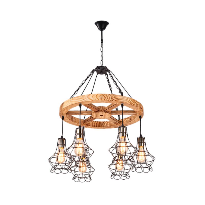 Wagon Wheel Wood Suspension Light Warehouse a 6/8 luci di pranzo il lampadario del soffitto con gabbia di filo