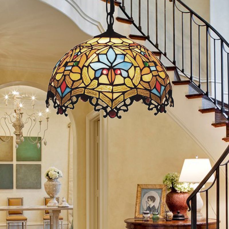 Luces colgantes de estilo victoriano para mesa de comedor, accesorio de techo de vidrieras con copa de vidrieras