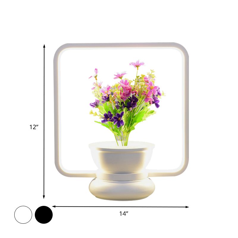 Round/Square Bedroom Table Light Industrial Metal LED Black/White Night Lamp with Plant Decoration, Warm/White Light