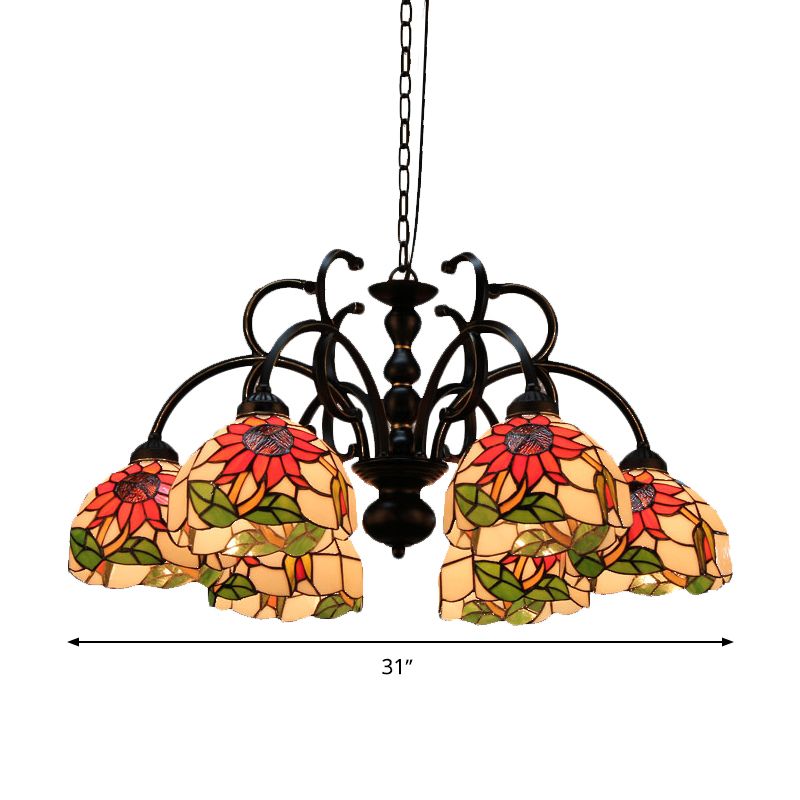 Coupure en verre floral pendentif léger victorien 6 têtes lampe suspendue au plafond noir pour salon