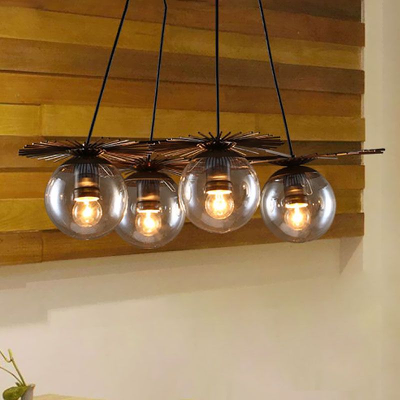 4 Bulbs Ceiling Chandelier Industrial Coffee House Pendant Light Fixture with Globe Amber Glass Shade