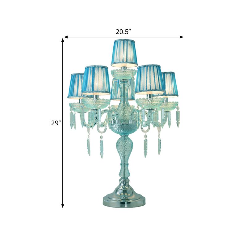 Crystal Blue Nightstand Lamp Candlestick 5/6/7 Bulbs Traditional Sleeping Room Table Light with Barrel Fabric Shade