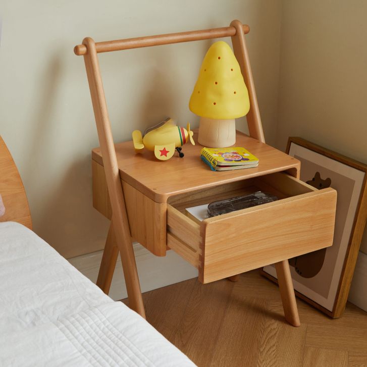 Solid Wood Kids Nightstand Light Wood Modern Youth Nightstand with a Drawer