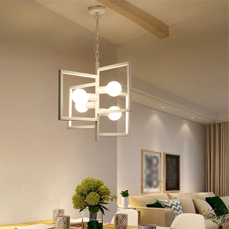 White Iron Frame Pendant Light in Industrial Minimalist Style Geometric 4-Light Hanging Lamp for Commercial Place