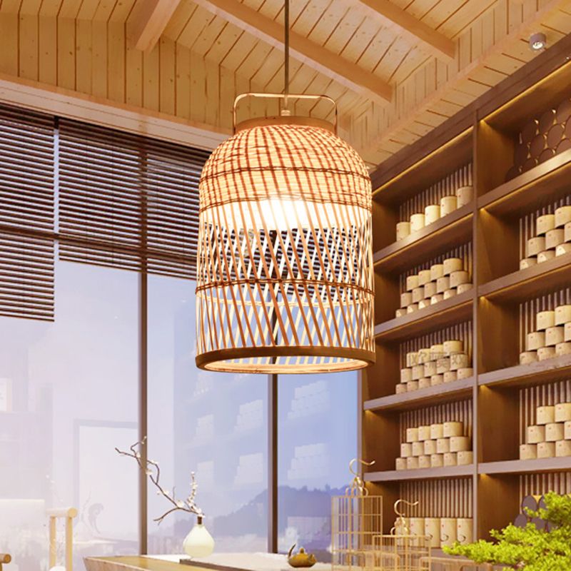 Rustic Bird Cage Hanging Light Bamboo 1 Bulb Ceiling Pendant Lamp in Wood with Handle