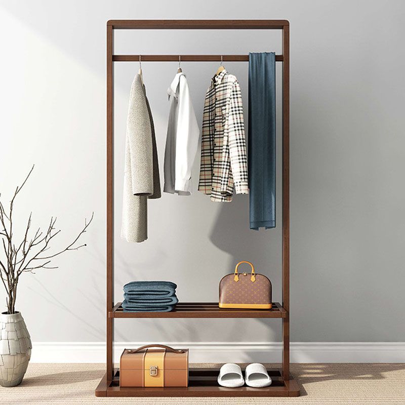 Classic Solid Wood Clothes Hanger Free Standing Coat Rack with Storage Shelving