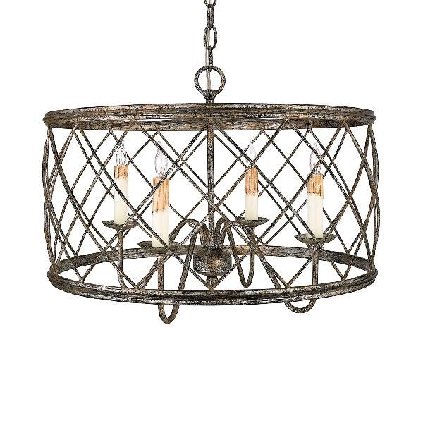 Aged Silver 4 Lights Chandelier Lamp Antique Style Metallic X-Cage Pendant Lamp with Drum Shade for Foyer