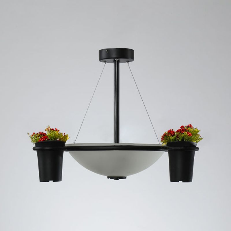 Dome White Glass Pendant Chandelier Industrial 3 Lights Living Room Ceiling Light in Black with Potted Plant