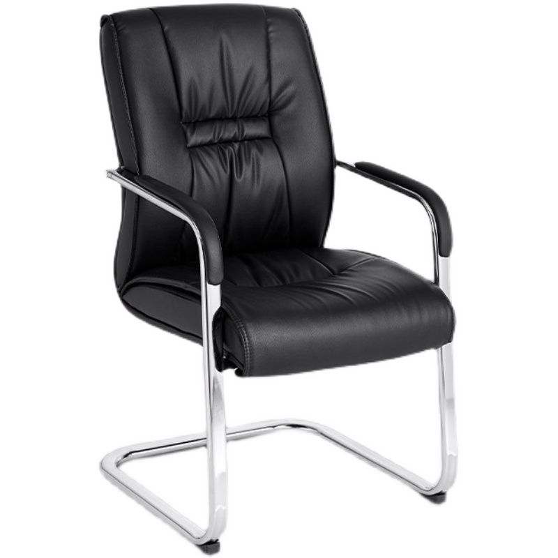 Mid Back Task Chair Black Leather Fixed Arm Office Chair with Steel Base