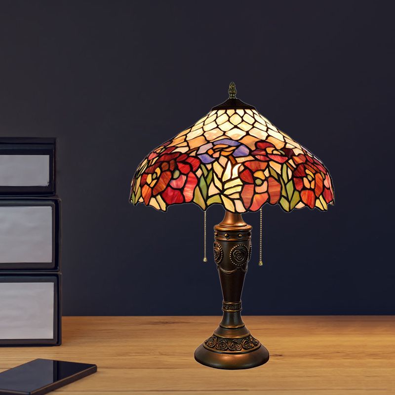 Barn Shade Pull-Chain Night Light Victorian Stained Floral Glass 2-Bulb Bronze Table Lamp for Living Room