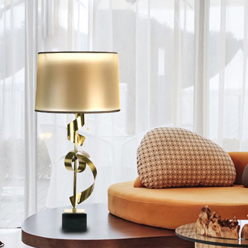 Metal Silk Ribbon Desk Light Contemporary 1-Light Gold Fabric Night Table Lamp with Pull Chain