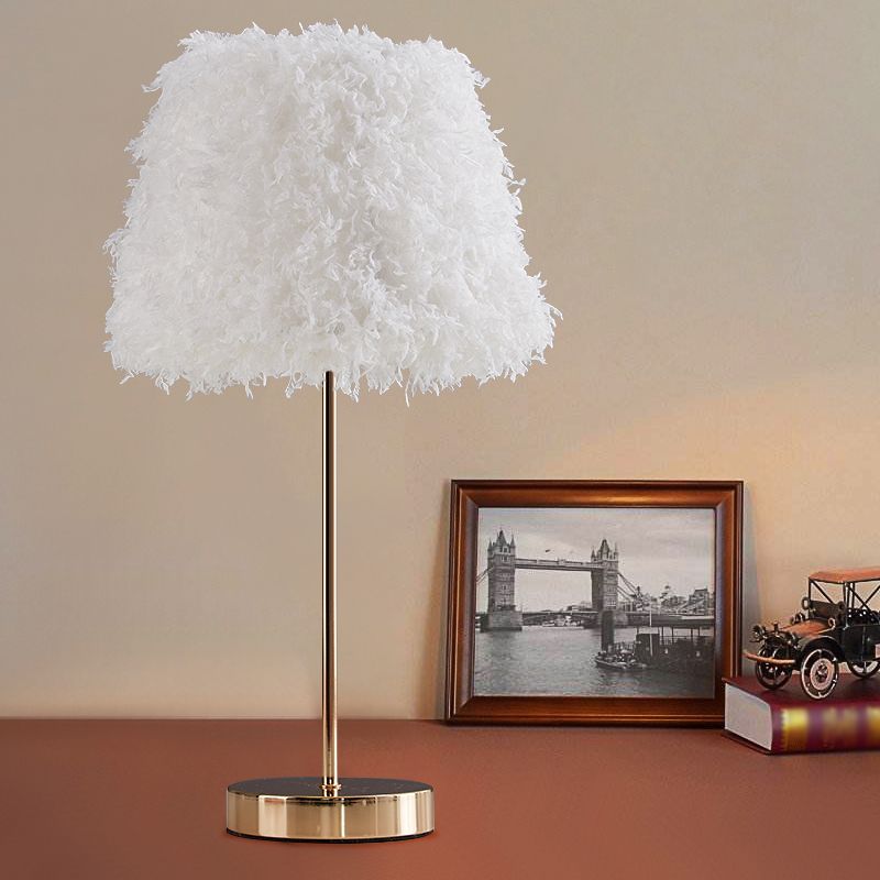 Pink/White Feather Conical Nightstand Lamp Modernist 1-Head Reading Book Light with White/Gold Base