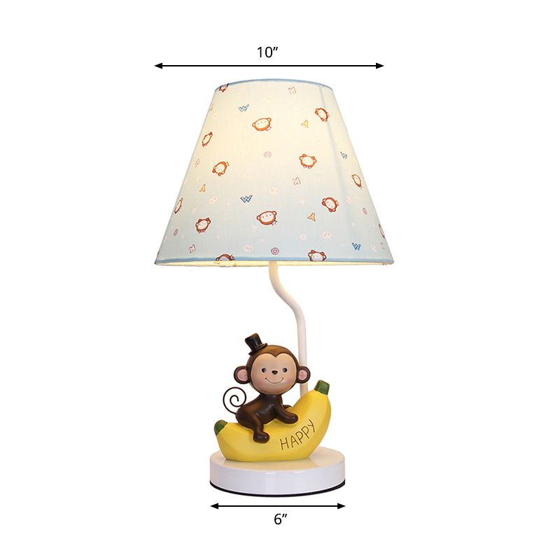 Fabric Floral Shade Table Light with Banana Monkey Kids Bedroom 1 Bulb Cartoon Reading Light in Beige