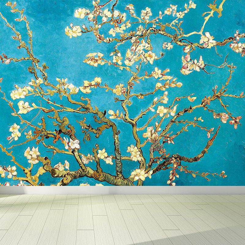 Large Blossoming Plum Tree Mural Moisture Resistant Stylish Bedroom Wall Covering in Blue