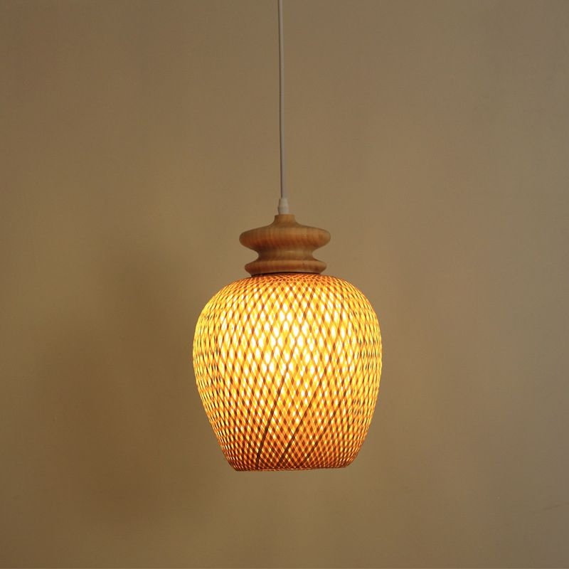 Urn Bamboo Suspension Lighting Traditionary 1 Bulb Wood Hanging Ceiling Light