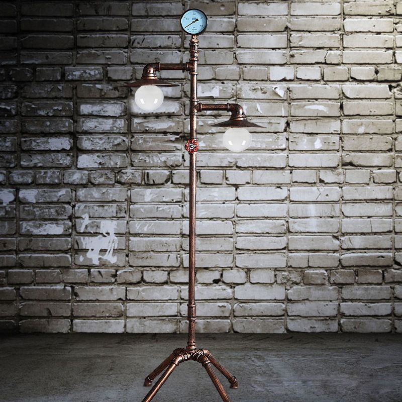 Antique Style Piped Floor Lighting 2 Lights Wrought Iron Floor Lamp with Flat Shade in Bronze for Living Room