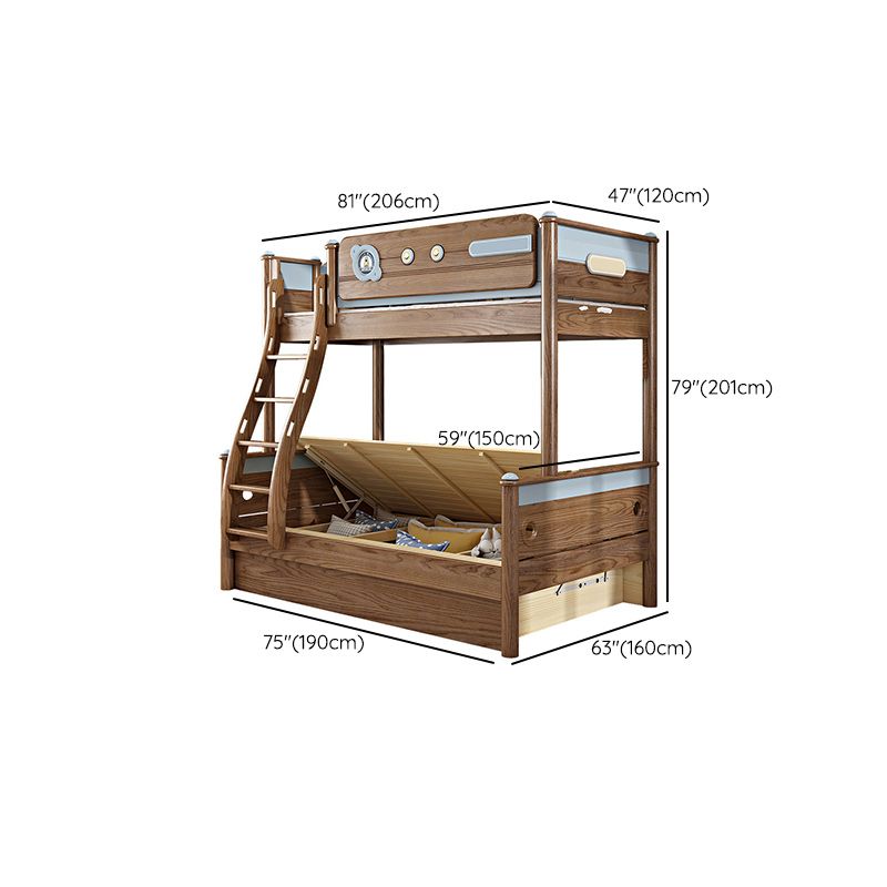 Brown Ash Standard Bunk Bed Solid Wood Scandinavian Bed with  Guardrail