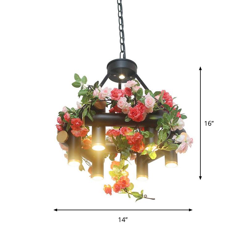 6-Light Chandelier Lamp Vintage Tubular Iron Down Lighting Pendant in Black with Artificial Flower