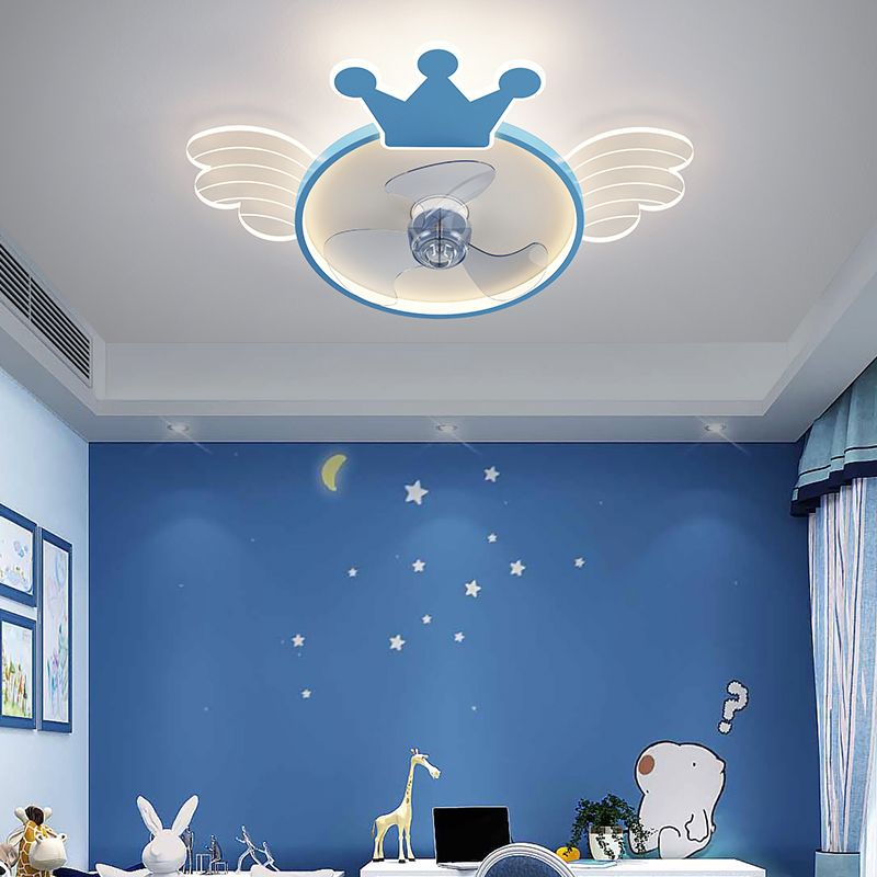 Acrylic Crown and Wings Fan Lamp Cartoon LED Semi Flush Mounted Light for Kids Room